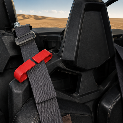 Red RZR seat belt clip installed on Polaris RZR Pro XP seat